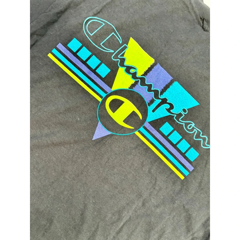Vintage Champion Men's Black Cotton Graphic T-Shirt Large Retro Unisex Tshirt - Picture 10 of 14